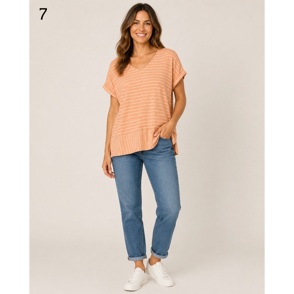 Soft Surroundings Tee T-Shirt Womens Medium Orange Stripe Cotton Rolled Cuffs